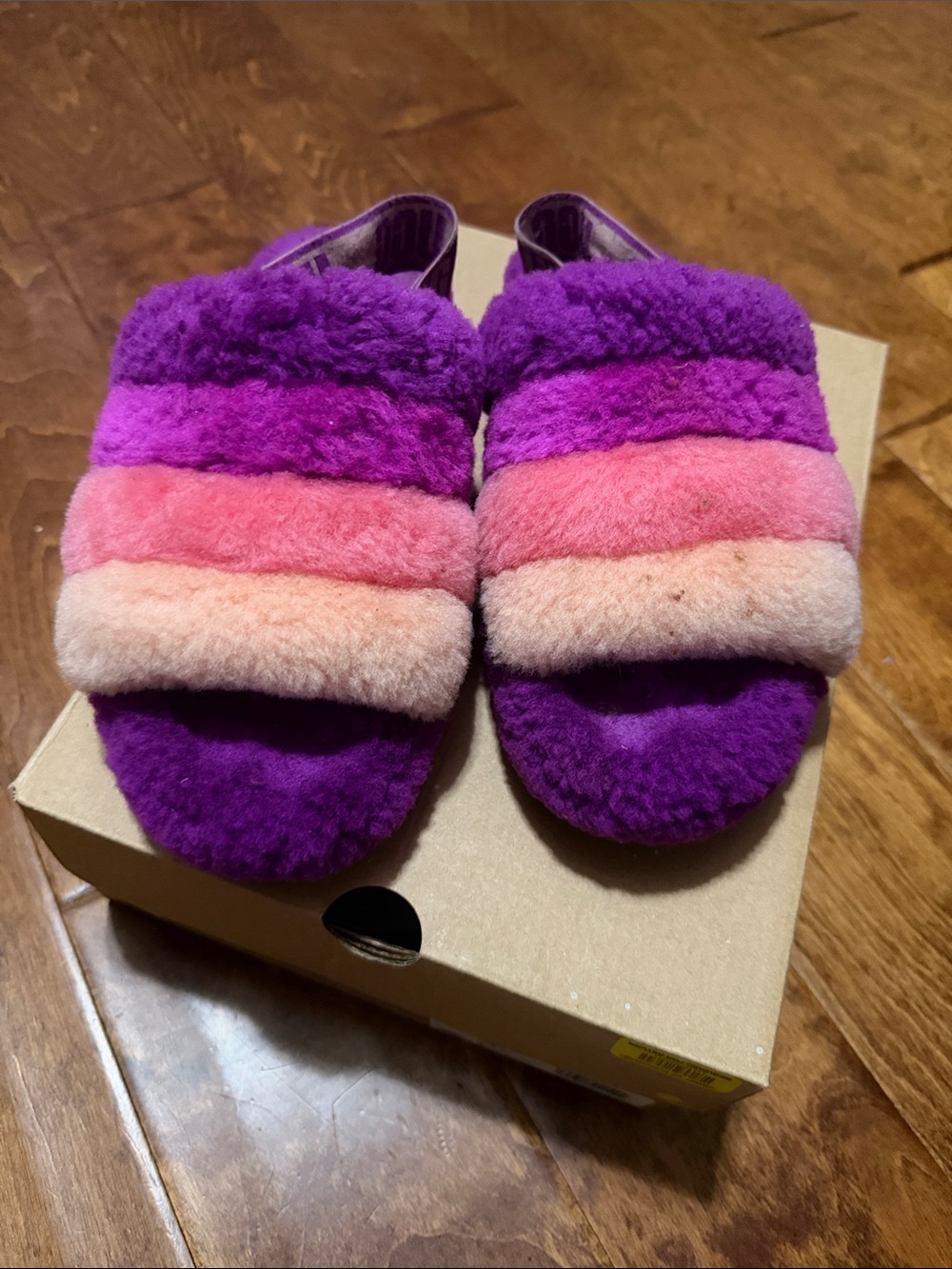 UGG Fuzzy Slide Sandals in Purple with Pink Stripes